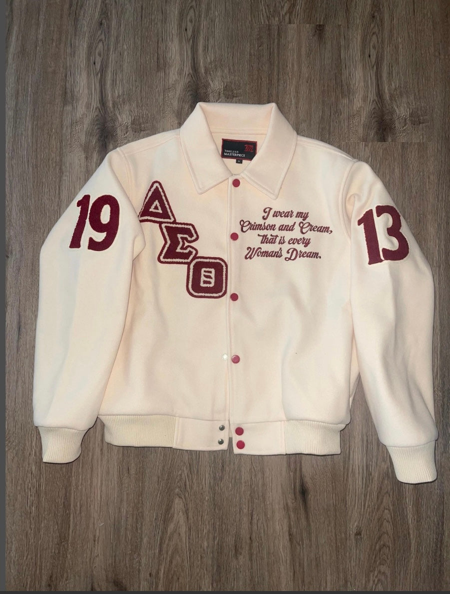 Cream Wool Delta Sigma Theta Semi-Crop Varsity Jacket