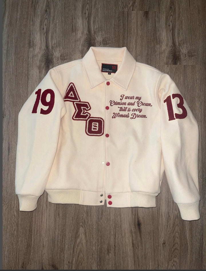 Cream Wool Delta Sigma Theta Semi-Crop Varsity Jacket