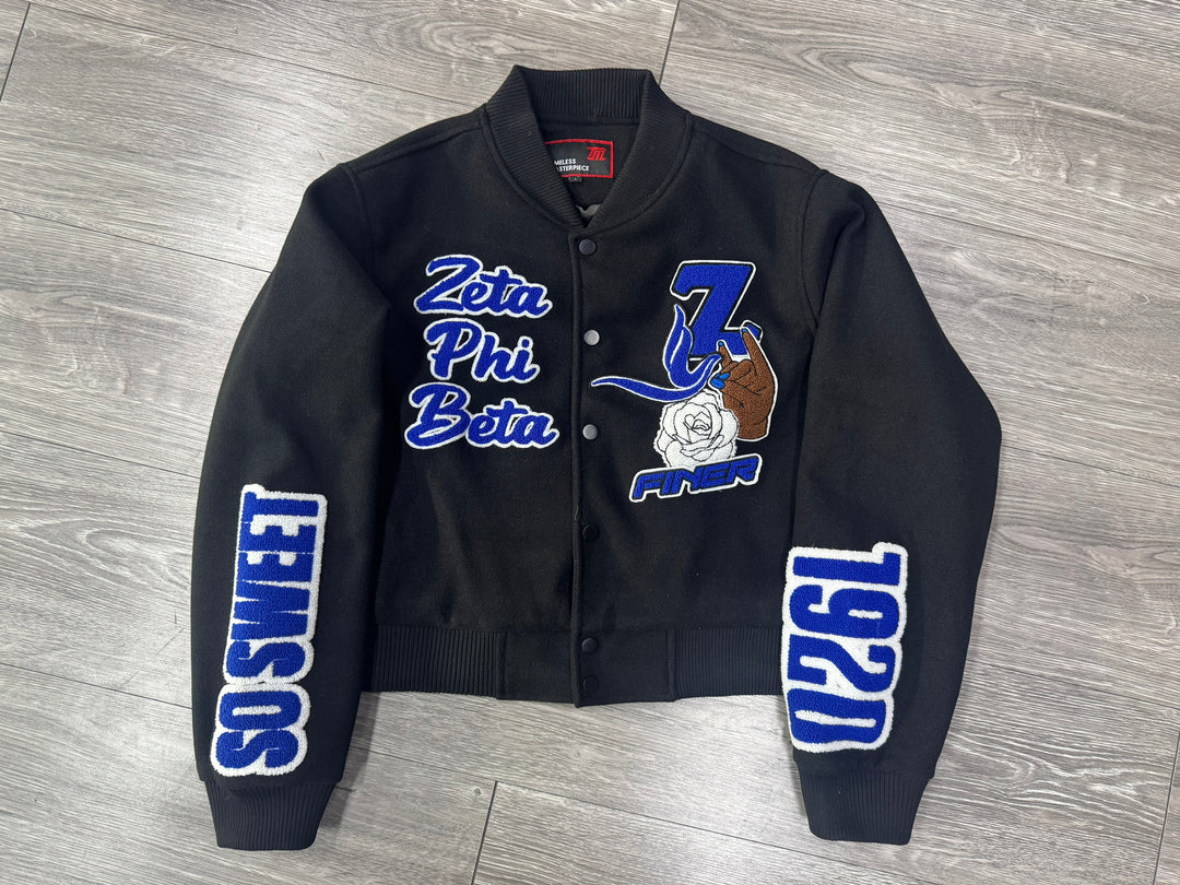Black Graffiti Zeta Phi Beta Wool Crop Jacket