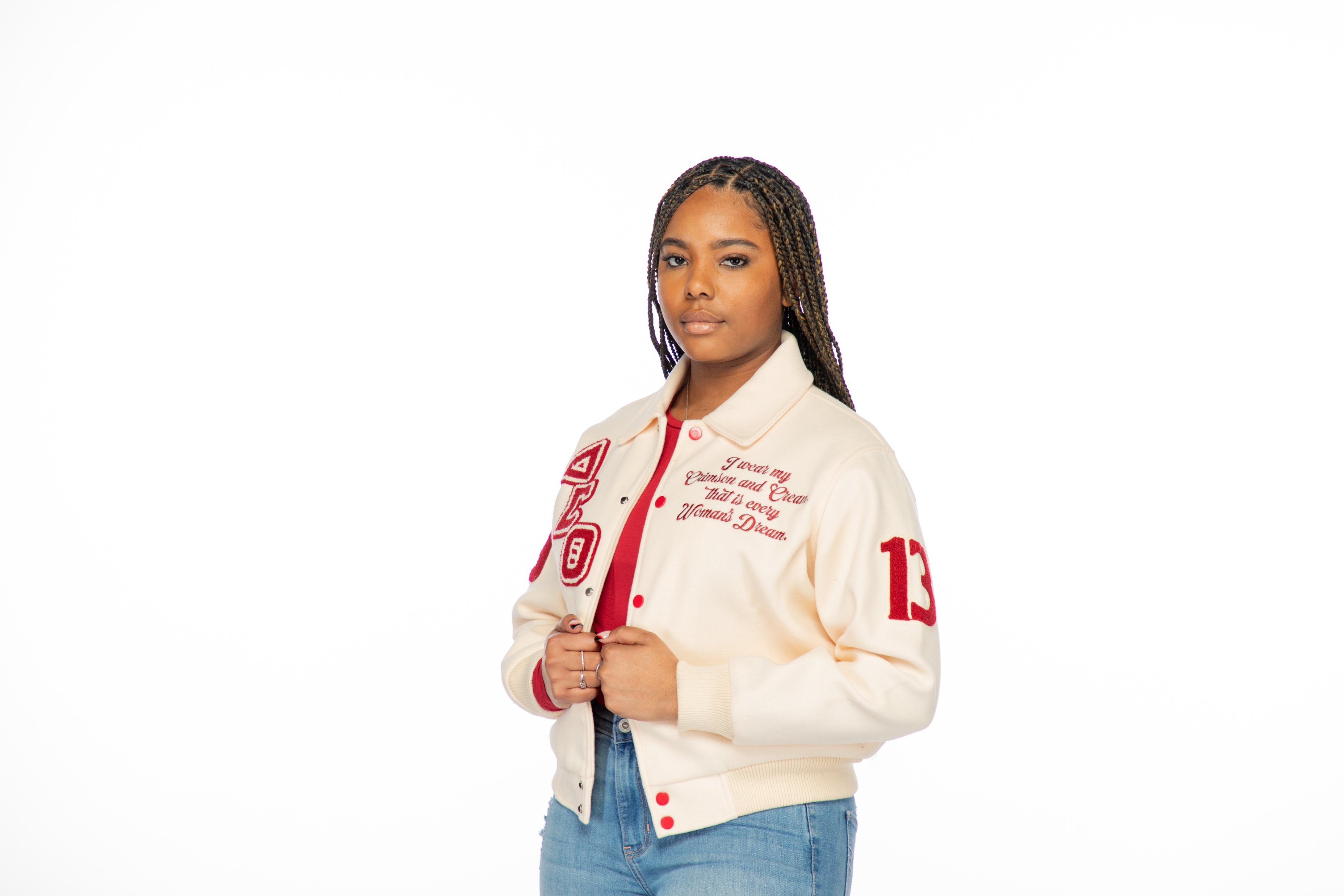 Delta Sigma Theta Cream Wool Semi-Crop Varsity Jacket