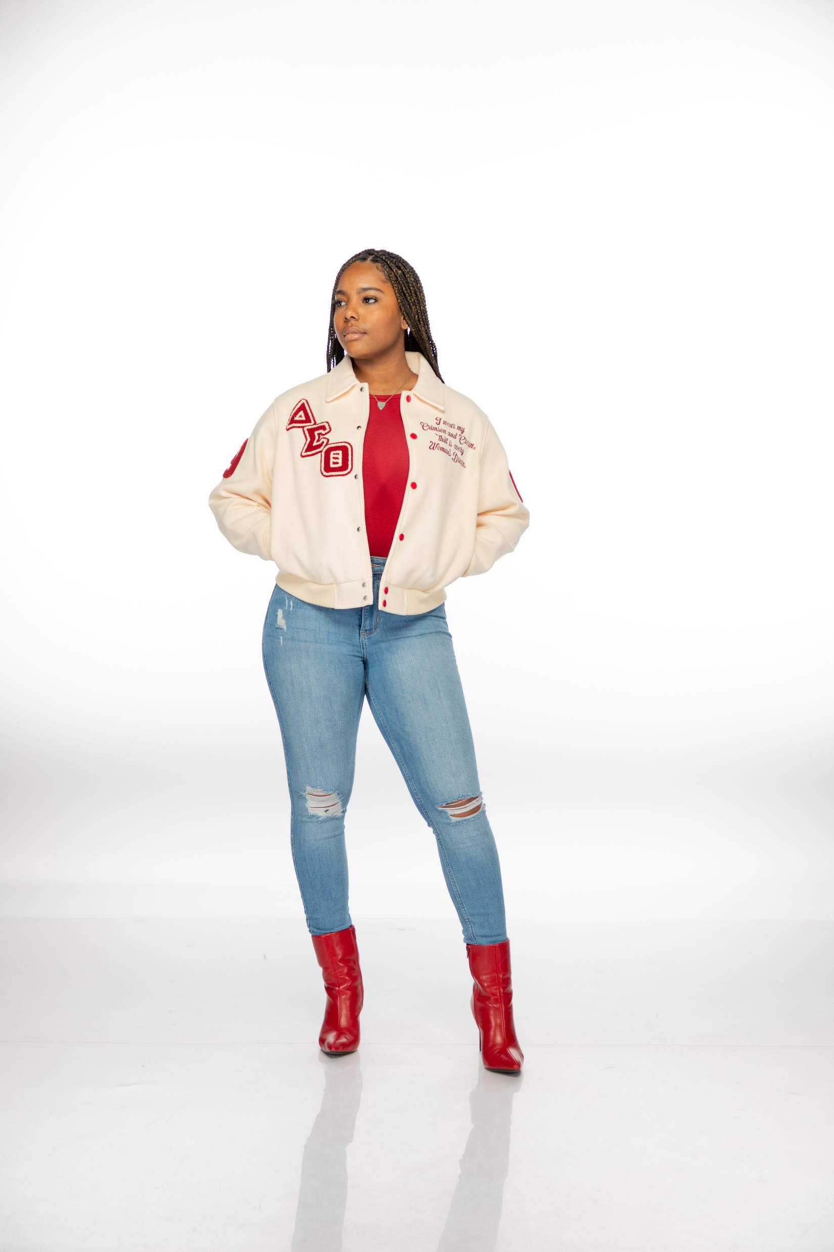 Delta Sigma Theta Cream Wool Semi-Crop Varsity Jacket